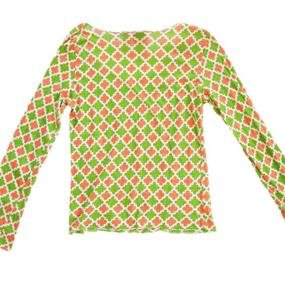 TORY BURCH Green and Orange Logo Scoop Neck Long Sleeve Tissue Tee Top M - Picture 2 of 9